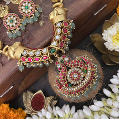 Vriksham Elephant Style With Peacock Pendant Lakshmi Kundan Jadau Short Neckpiece-White Red-Aqua Green Bead-J3449