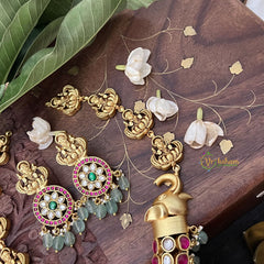 Vriksham Elephant Style With Peacock Pendant Lakshmi Kundan Jadau Short Neckpiece-White Red-Aqua Green Bead-J3449