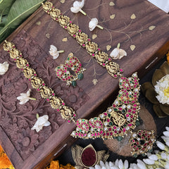 Vriksham Peacock Jodi Style Lakshmi Kundan Jadau Short Neckpiece-White Red Green-Green Bead-J3359