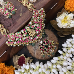 Vriksham Peacock Jodi Style Lakshmi Kundan Jadau Short Neckpiece-White Red Green-Green Bead-J3359