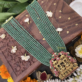 Vriksham Lakshmi Pendant 10 Layer Green Beaded Maala neckpiece-Aqua Green Bead-J3362