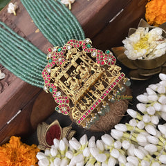 Vriksham Lakshmi Pendant 10 Layer Green Beaded Maala neckpiece-Aqua Green Bead-J3362