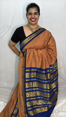Vriksham Orange Brown With Navy Blue Border-Vairaoosi Podi Kattam-Kalyani Cotton Saree-VS4592