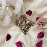 Vriksham Premium Peacock Kundan Jadau With Pearl Jhumkas-Green Red & White-Green Bead-J3810