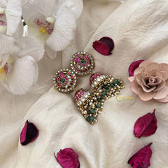 Vriksham Premium Peacock Kundan Jadau With Pearl Jhumkas-Green Red & White-Green Bead-J3810