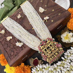 Vriksham Lakshmi Pendant 10 Layer Pearl Beaded Maala neckpiece-Aqua Green Bead-J3363