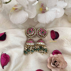 Vriksham Premium Peacock Kundan Jadau With Pearl Jhumkas-Green Red & White-Green Bead-J3810