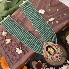 Vriksham Shree Ganesh Pendant 10 Layer Green Beaded Maala neckpiece-Aqua Green Bead-J3361