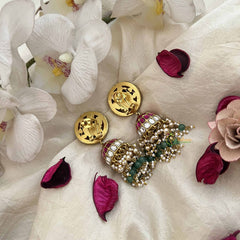 Vriksham Premium Peacock Kundan Jadau With Pearl Jhumkas-Green Red & White-Green Bead-J3810