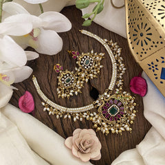 Premium AD Stone Pendant Hasli Choker-Rice Pearls-G12090