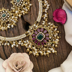 Premium AD Stone Pendant Hasli Choker-Rice Pearls-G12090