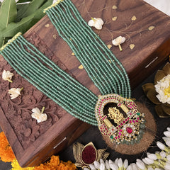 Vriksham Shree Ganesh Pendant 10 Layer Green Beaded Maala neckpiece-Aqua Green Bead-J3361
