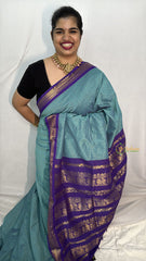 Vriksham Light Sky Color With Dark Blue Border-Vairaoosi Podi Kattam-Kalyani Cotton Saree-VS4596