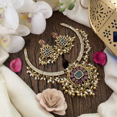 Premium AD Stone Pendant Hasli Choker-Rice Pearls-G12090