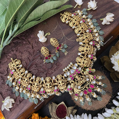 Vriksham God Lakshmi Style Kundan Jadau Short Choker-Aqua Green Bead-J3387