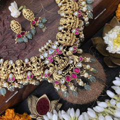 Vriksham God Lakshmi Style Kundan Jadau Short Choker-Aqua Green Bead-J3387