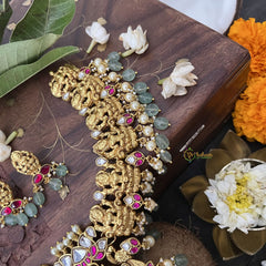 Vriksham God Lakshmi Style Kundan Jadau Short Choker-Aqua Green Bead-J3387