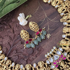 Vriksham God Lakshmi Style Kundan Jadau Short Choker-Aqua Green Bead-J3387