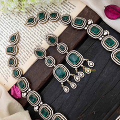 Premium Green Victorian Diamond Pendant Neckpiece - VV1338