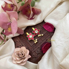 Vriksham Floral Style Kundan Jadau Press Bugadi-Red White-Pearls-J3761