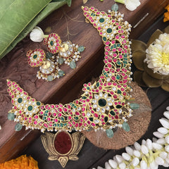 Vriksham South Indian Style Kundan Jadau Neckpiece-Green Aqua Bead-Pearl-J3375