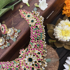 Vriksham South Indian Style Kundan Jadau Neckpiece-Green Aqua Bead-Pearl-J3375