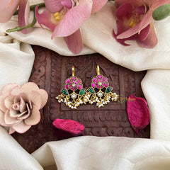 Vriksham Rose Floral Style Kundan Jadau Press Bugadi-Red White & Green-Pearls-J3763