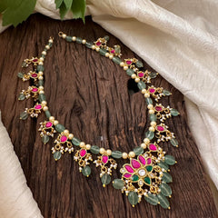 Premium Jadau Kundan Lotus Pendant Neckpiece -Beads and Pearls- J2059