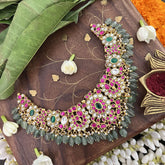 Vriksham Designer Floral Choker Style Pendant Kundan Jadau Neckpiece-Green-Aqua Green Bead-J3394