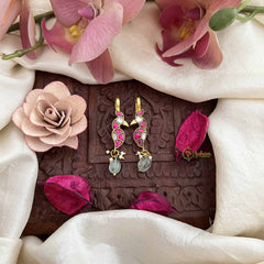 Vriksham Elegant Peacock Kundan Jadau Press Bugadi-Red White-Aqua Green Bead-J3769