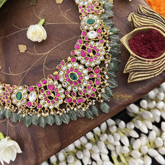 Vriksham Designer Floral Choker Style Pendant Kundan Jadau Neckpiece-Green-Aqua Green Bead-J3394