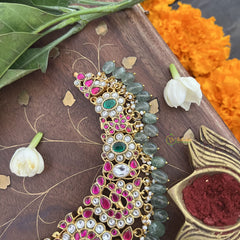 Vriksham Designer Floral Choker Style Pendant Kundan Jadau Neckpiece-Green-Aqua Green Bead-J3394