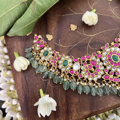 Vriksham Designer Floral Choker Style Pendant Kundan Jadau Neckpiece-Green-Aqua Green Bead-J3394