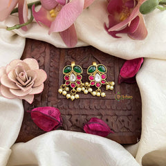 Vriksham Classic Floral & Leaf Kundan Jadau Press Bugadi-Red White & Green-Pearls-J3768