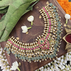 Vriksham Designer Choker Style Kundan Jadau Short Neckpiece-Aqua Green Bead-J3384