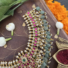 Vriksham Designer Choker Style Kundan Jadau Short Neckpiece-Aqua Green Bead-J3384