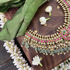 Vriksham Designer Choker Style Kundan Jadau Short Neckpiece-Aqua Green Bead-J3384