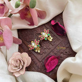 Vriksham Lotus Floral Kundan Jadau Press Bugadi-Red White & Green-Pearls-J3773