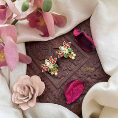 Vriksham Lotus Floral Kundan Jadau Press Bugadi-Red White & Green-Pearls-J3773