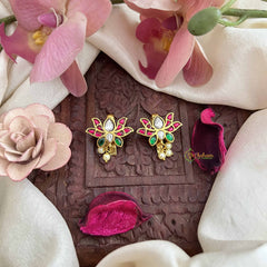 Vriksham Lotus Floral Kundan Jadau Press Bugadi-Red White & Green-Pearls-J3773