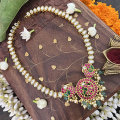 Vriksham Peacock Pendant Oval Kundan Jadau Neckpiece-Red Green-Pastel Green Bead-J3458