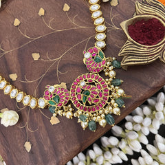 Vriksham Peacock Pendant Oval Kundan Jadau Neckpiece-Red Green-Pastel Green Bead-J3458