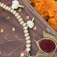 Vriksham Peacock Pendant Oval Kundan Jadau Neckpiece-Red Green-Pastel Green Bead-J3458