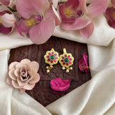 Vriksham Golden Colted Floral Style Kundan Jadau Press Bugadi-Green Red-Pearls-J3781