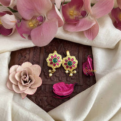 Vriksham Golden Colted Floral Style Kundan Jadau Press Bugadi-Green Red-Pearls-J3781