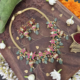 Vriksham Lotus Style Kundan Jadau Neckpiece-Green Aqua Bead-Pearl-J3376