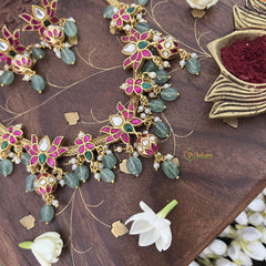 Vriksham Lotus Style Kundan Jadau Neckpiece-Green Aqua Bead-Pearl-J3376