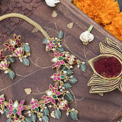 Vriksham Lotus Style Kundan Jadau Neckpiece-Green Aqua Bead-Pearl-J3376