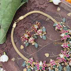 Vriksham Lotus Style Kundan Jadau Neckpiece-Green Aqua Bead-Pearl-J3376