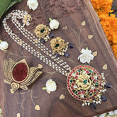 Vriksham Peacock Pendant Kundan Jadau Beaded Mala-Purple Beads-J3434